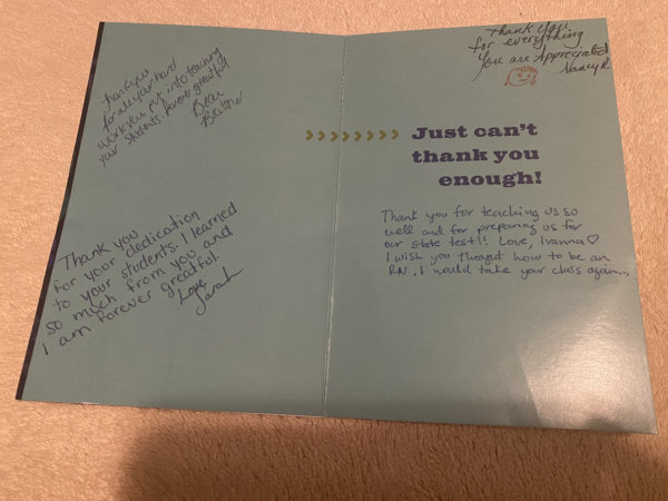 thank you card from students